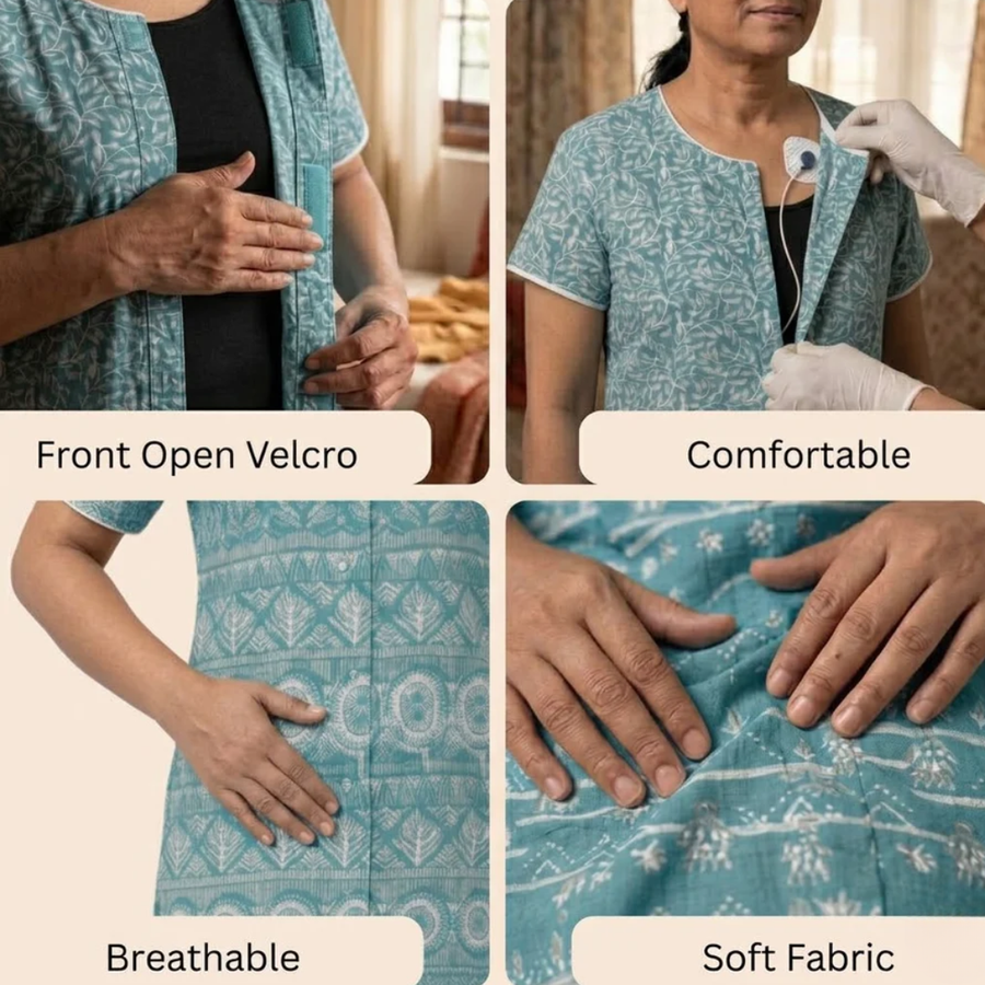 front-open adaptive kurti for women post-surgery elderly wear blue India | Aasra