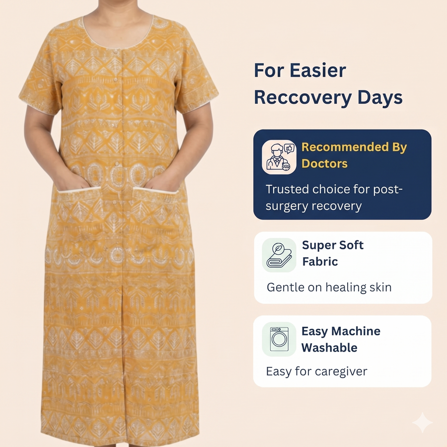 Patient Nighty for Women | Front-Open Surgery Nighty for Elderly & Bedridden Patients | Dark Brown Cotton