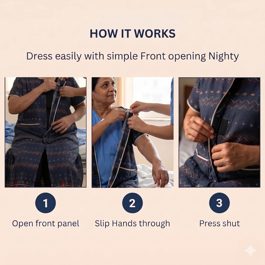 adaptive front-open nighty for women post-surgery elderly night dress dark brown India | Aasra