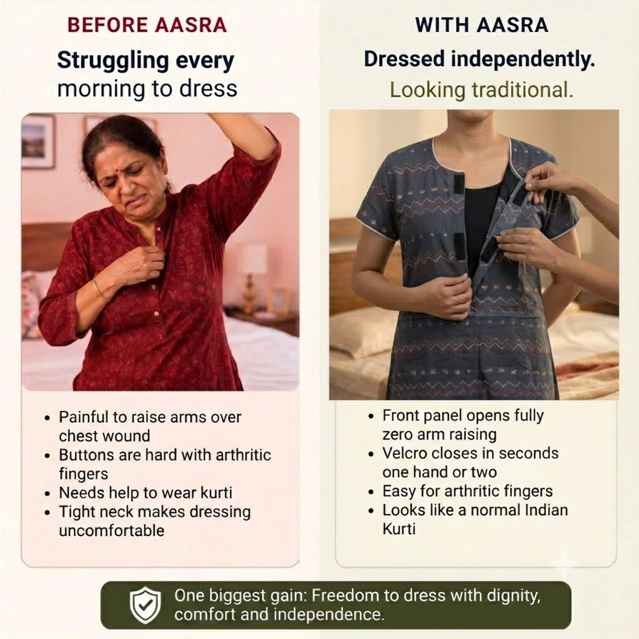 Velcro Kurti for Elderly Women & Patients | Front-Open Adaptive Easy-Wear Kurti (Dark Brown) | India