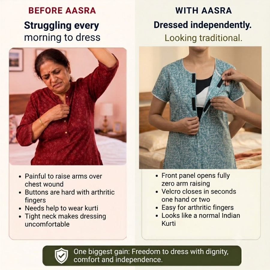 Velcro Kurti for Elderly Women & Patients | Front-Open Adaptive Easy-Wear Kurti (Blue) | India