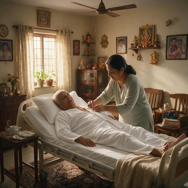 Elderly patient in comfortable adaptive clothing for bedridden care in India