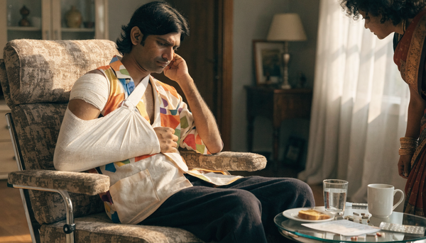 Indian man with arm sling in adaptive front-open shirt recovering from shoulder surgery at home