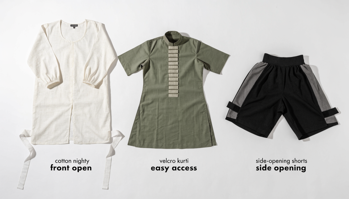 Flat lay of Indian adaptive clothing collection — front-open nighty, velcro kurti and side-opening shorts