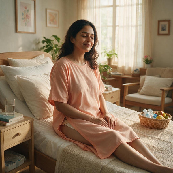 Indian woman in post-surgery recovery wearing adaptive clothing after operation