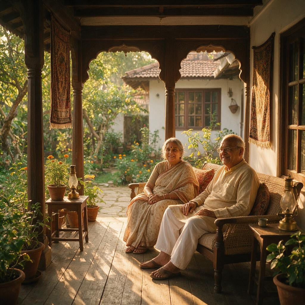 Senior Indian citizens in comfortable adaptive ethnic clothing at home