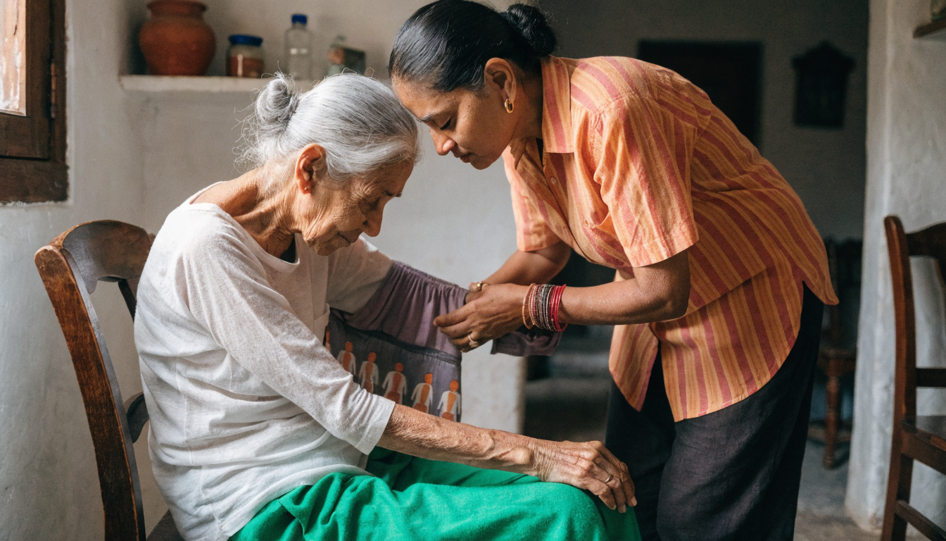 Indian daughter helping elderly mother with adaptive clothing — caregiver support at home