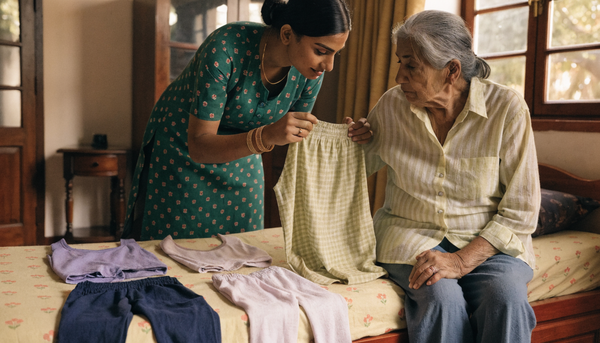 Indian family member helping elderly woman choose comfortable post-surgery clothing