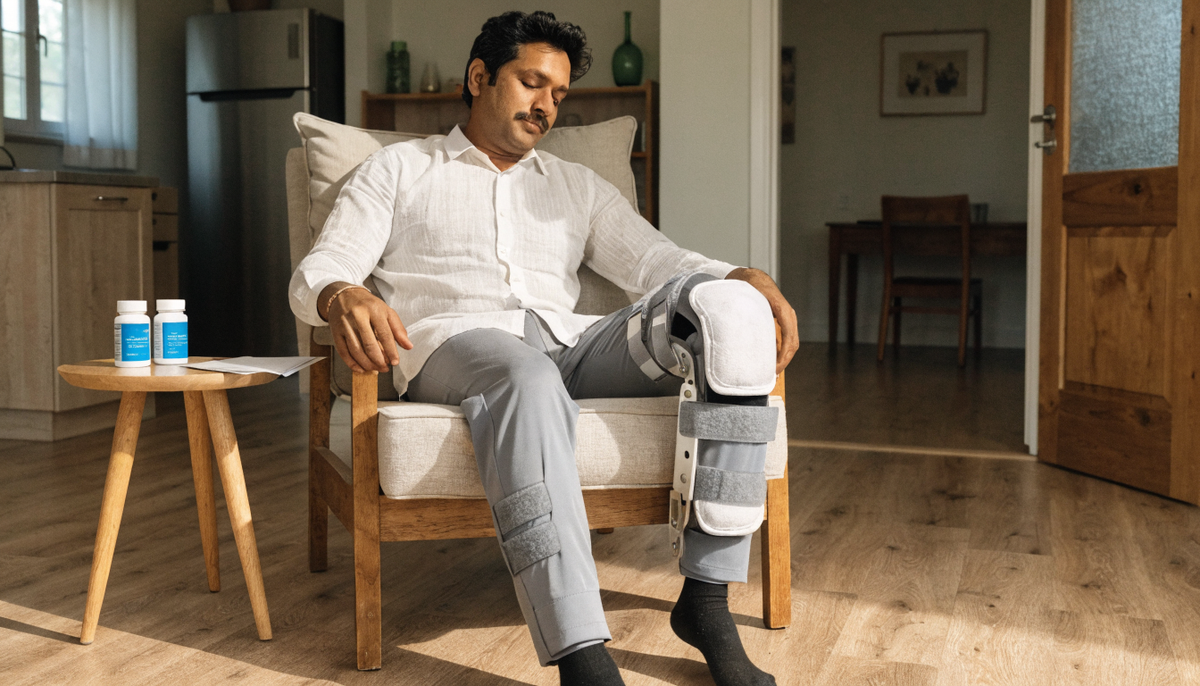 Indian man wearing adaptive side-opening velcro recovery pants after knee surgery