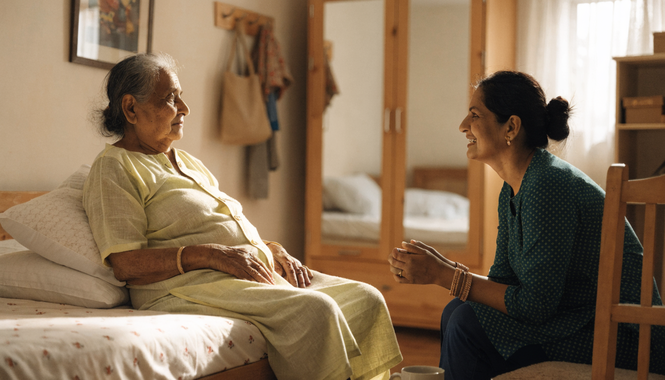 Elderly Indian woman in comfortable cotton front-open patient nighty in cozy bedroom with family caregiver
