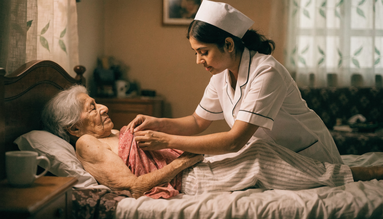 Indian nurse helping bedridden patient change into comfortable adaptive clothing at home