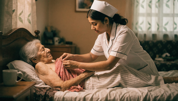 Indian nurse helping bedridden patient change into comfortable adaptive clothing at home