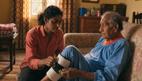 Indian adult child helping elderly parent with adaptive clothing — caregiver guide for elderly parents