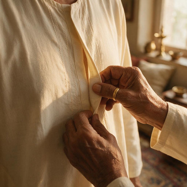 Close up of elderly hands using velcro closure on adaptive clothing India