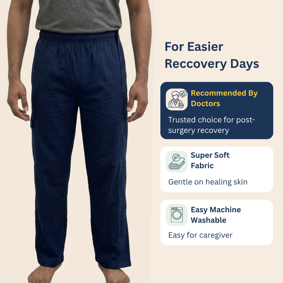 adaptive side-opening pajama for men post-surgery night pant velcro closure India | Aasra