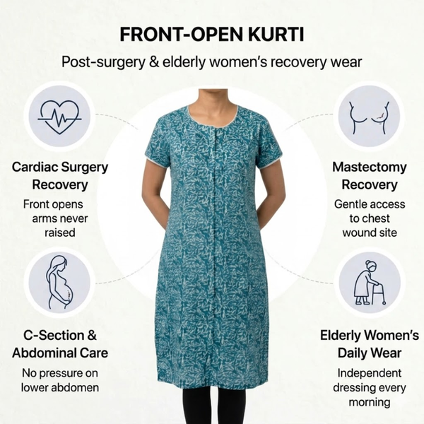 Front-Open Velcro Kurti for Women | Adaptive Easy-Wear Kurti (Blue)