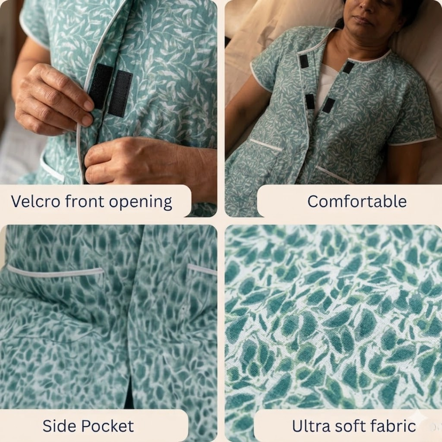 Adaptive Front-Open Nighty for Women | Easy-Wear with Pockets (Blue)