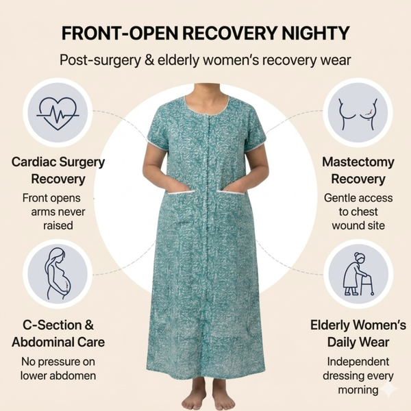 Adaptive Front-Open Nighty for Women | Easy-Wear with Pockets (Blue)