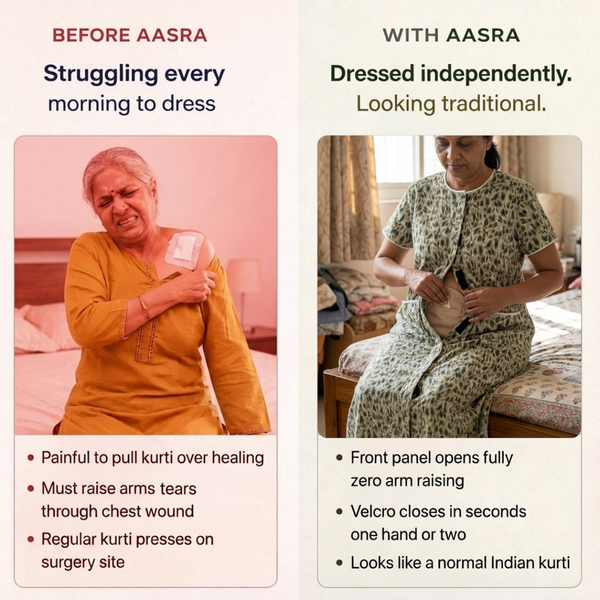 front open adaptive nighty for women post-surgery elderly wear green India | Aasra