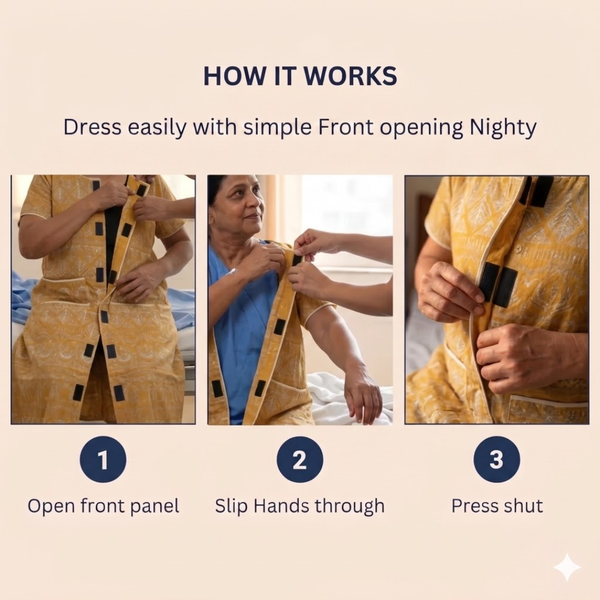 Adaptive Front-Open Nighty for Women | Easy-Wear with Pockets (Yellow)