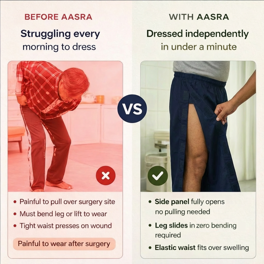 adaptive side-opening pajama for women post-surgery night pant velcro closure India | Aasra