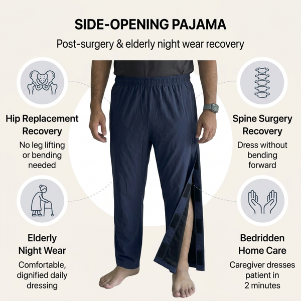 adaptive side-opening pajama for women post-surgery night pant velcro closure India | Aasra