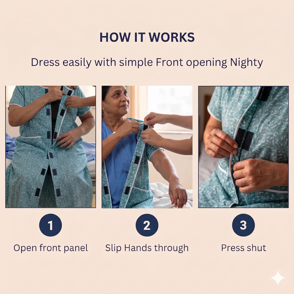 Adaptive Front-Open Nighty for Women | Easy-Wear with Pockets (Blue)