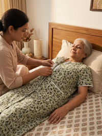 Elderly Indian woman patient lying in bed wearing dark nighty