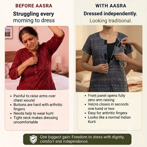 Velcro Kurti for Elderly Women & Patients | Front-Open Adaptive Easy-Wear Kurti (Dark Brown) | India