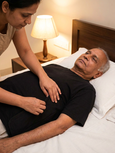 [bedridden][dementia][parkinsons][spine][stroke] Caregiver with bare hands helping elderly Indian man lying in bed put on black side-opening T-shirt, hidden velcro panel pressed closed, 3:4 portrait