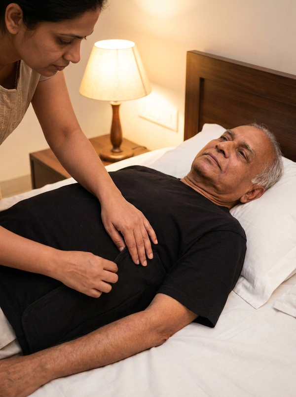 [bedridden] Caregiver with bare hands helping elderly Indian man lying in bed put on black side-opening T-shirt, hidden velcro panel pressed closed, 3:4 portrait