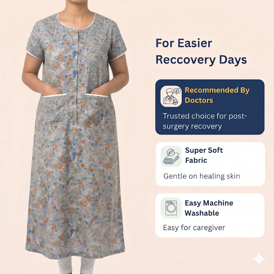 Flower light grey front-open nighty for post-surgery recovery, soft cotton, machine washable [core] | Aasra
