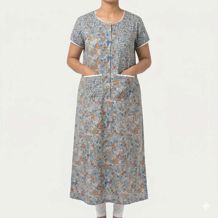 Aasra front-open patient nighty in flower light grey print with velcro front opening and pockets [core] | Aasra