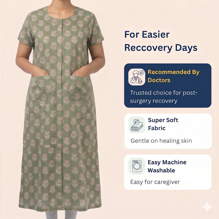 Light green flower print front-open nighty for post-surgery recovery, soft cotton, machine washable [core] | Aasra