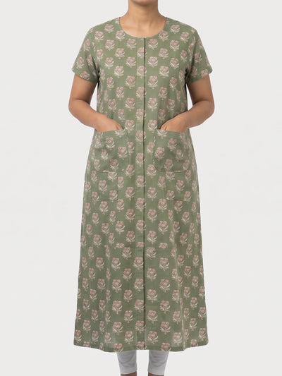 Aasra front-open patient nighty in light green flower print with velcro front opening and pockets [core] | Aasra