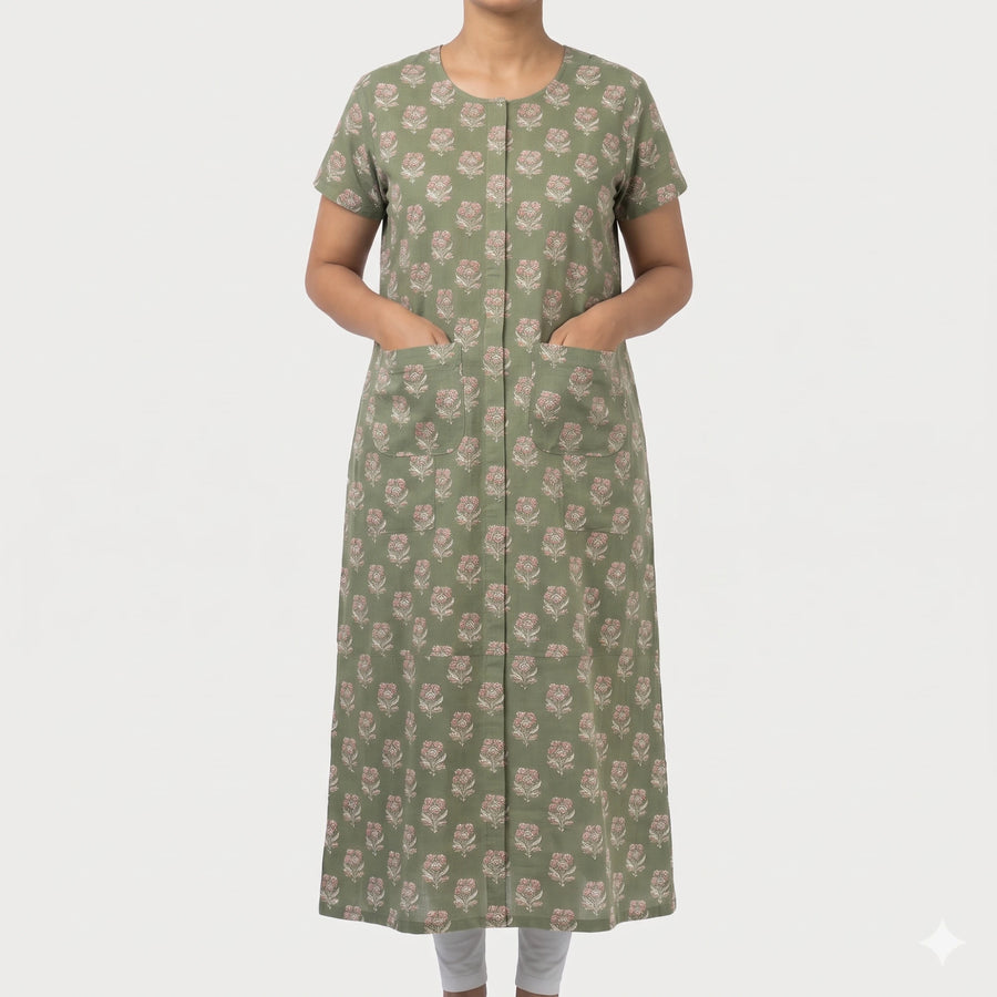 Aasra front-open patient nighty in light green flower print with velcro front opening and pockets [core] | Aasra