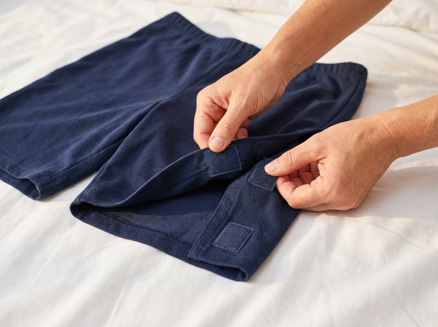 Caregiver opening velcro side panel on women's side-opening recovery shorts laid flat on bed [bedridden] | Aasra