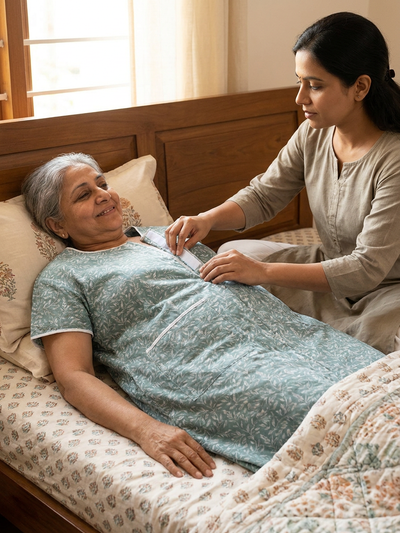 Caregiver helping elderly Indian woman in bed put on front-opening blue nighty, closing center velcro [bedridden][dementia][parkinsons][spine][stroke] | Aasra