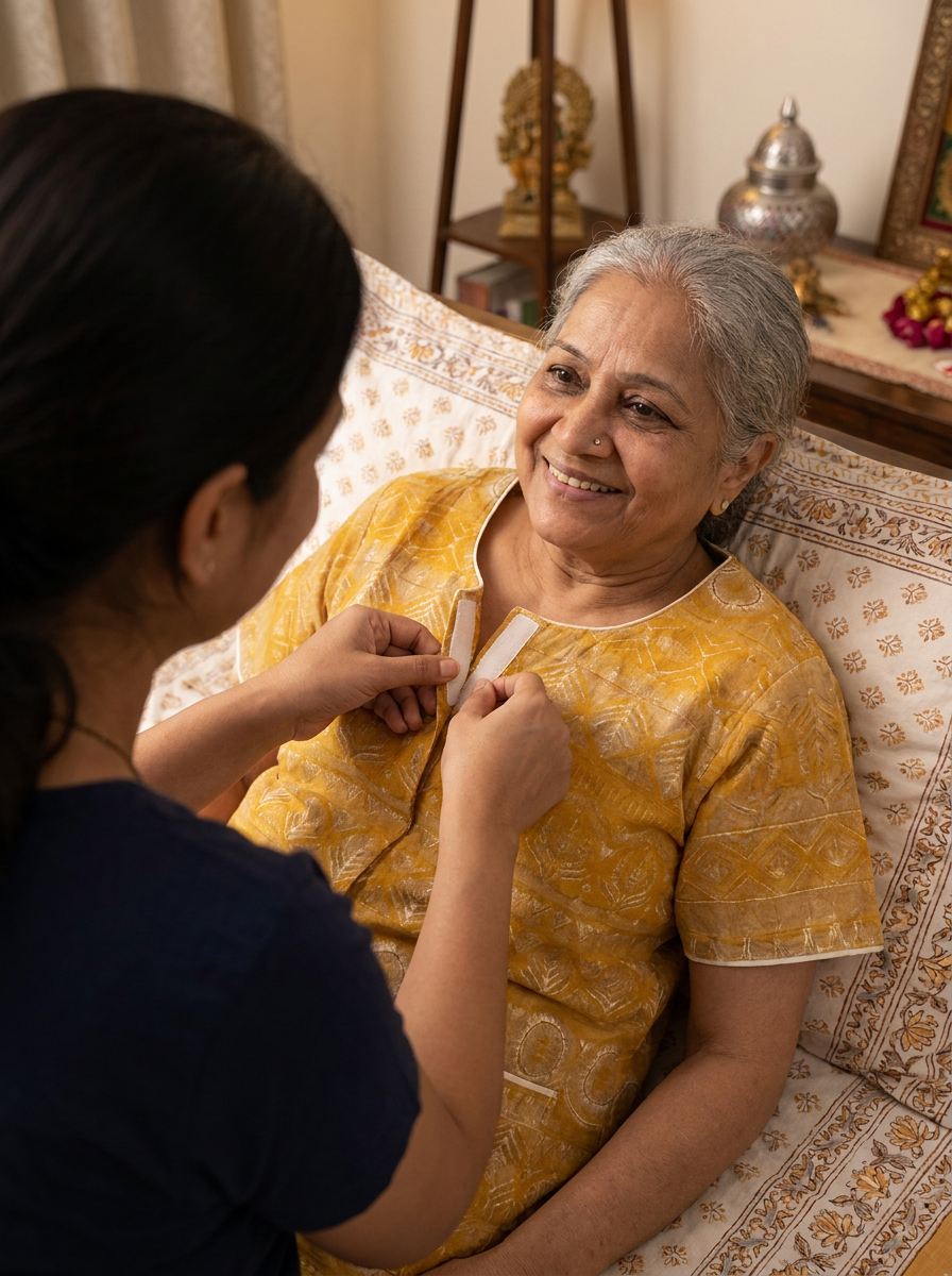 Caregiver helping elderly Indian woman in bed put on front-opening yellow nighty, smiling warmly | Aasra