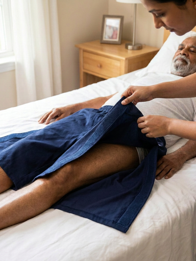 Caregiver helping bedridden patient put on side-opening recovery shorts [bedridden] | Aasra
