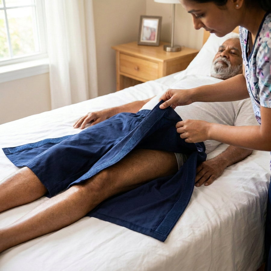 Caregiver helping bedridden patient put on side-opening recovery shorts [bedridden] | Aasra