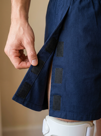 Close-up of black velcro side panel on recovery shorts with knee brace detail [knee] | Aasra