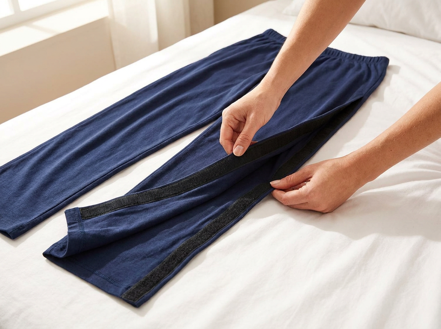 Bare hands opening velcro side panel on women's side-opening pyjama pants laid flat on bed [bedridden] | Aasra