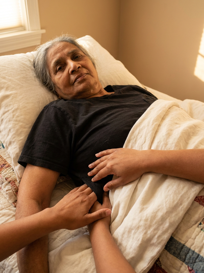 Female caregiver with bare hands pressing shut the side panel of a black Women's Side-Opening T-shirt on an elderly woman lying in bed [bedridden][parkinsons][spine][stroke]