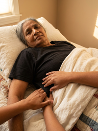 Female caregiver with bare hands pressing shut the side panel of a black Women's Side-Opening T-shirt on an elderly woman lying in bed [bedridden][parkinsons][spine][stroke]