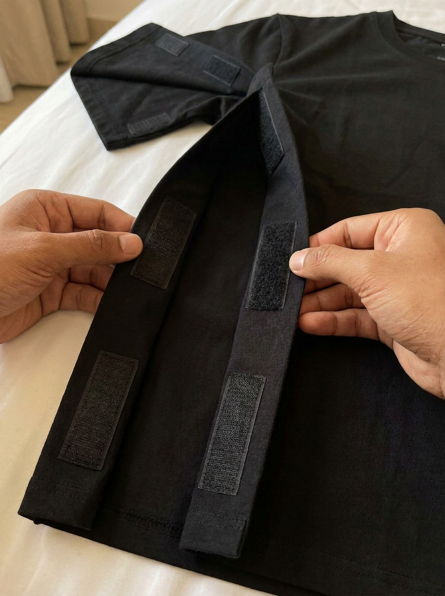 Bare hands peeling back the side panel of a black Women's Side-Opening T-shirt to reveal velcro patches inside, including sleeve velcro for shoulder surgery patients [bedridden][parkinsons][spine][stroke]
