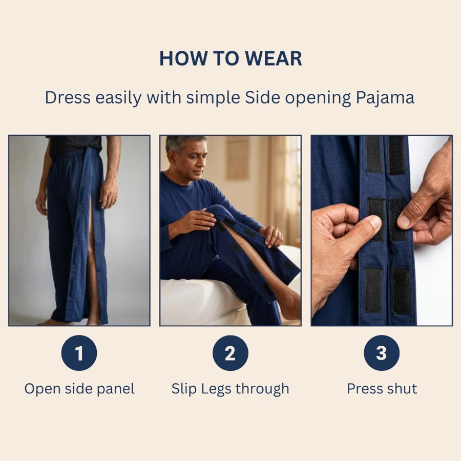 How to wear Men's Velcro Pajamas | Side-Opening Pyjamas for Surgery Recovery | No Step-In Needed